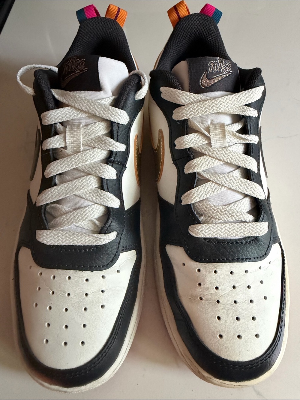 Nike kids/women Court Borough Low-Top Sneakers — White & Black with Gold Swoosh